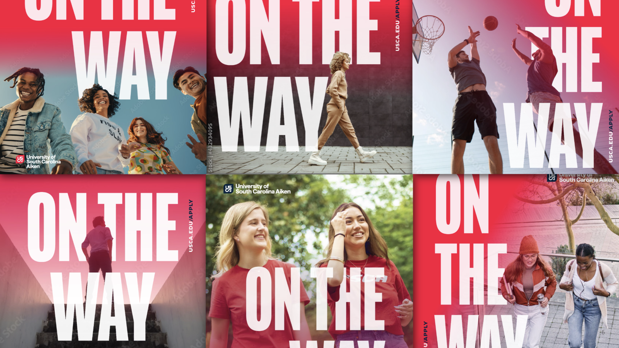 A collage of six promotional graphics for the University of South Carolina Aiken features various students engaged in campus life, all unified by the bold white slogan "ON THE WAY" set against vibrant red and natural backgrounds.