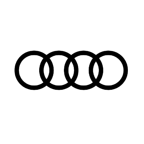 Black and white logo of four interlinked rings with the Audi brand name below.