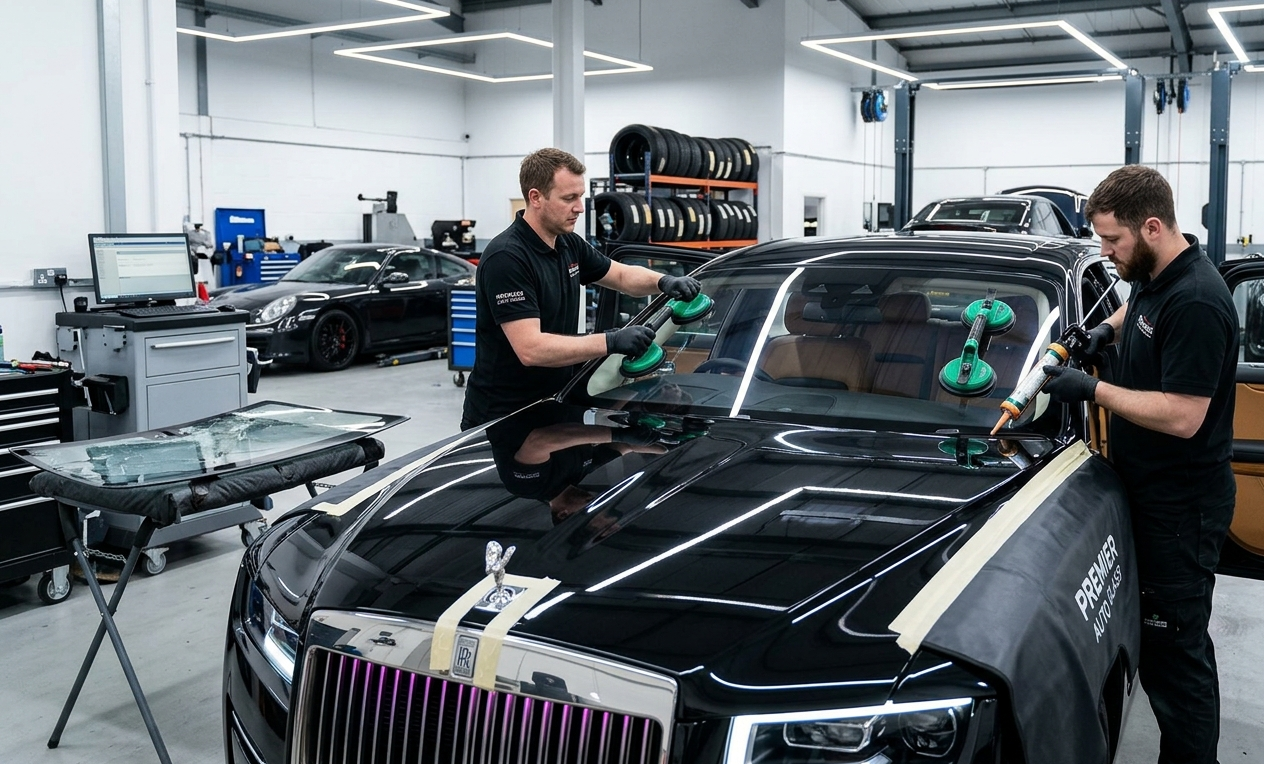 Two men working on replacing a windshield on a black luxury car in an auto repair shop, surrounded by other cars and equipment.