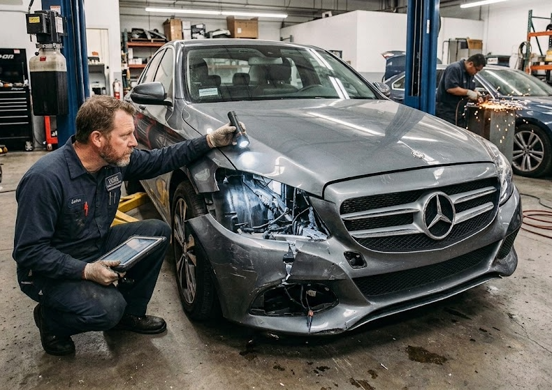 A mechanic inspecting a damaged silver Mercedes-Benz car in a garage, with another worker working on a blue car in the background.