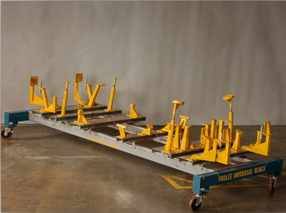 A gold and blue specialized vehicle repair straightening bench