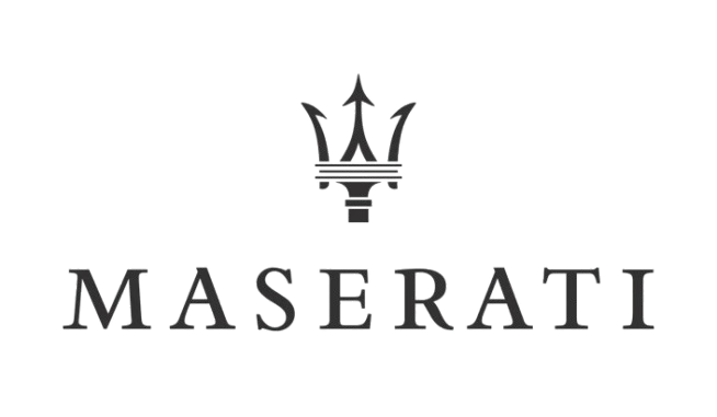 Maserati logo with a black trident and the brand name below.