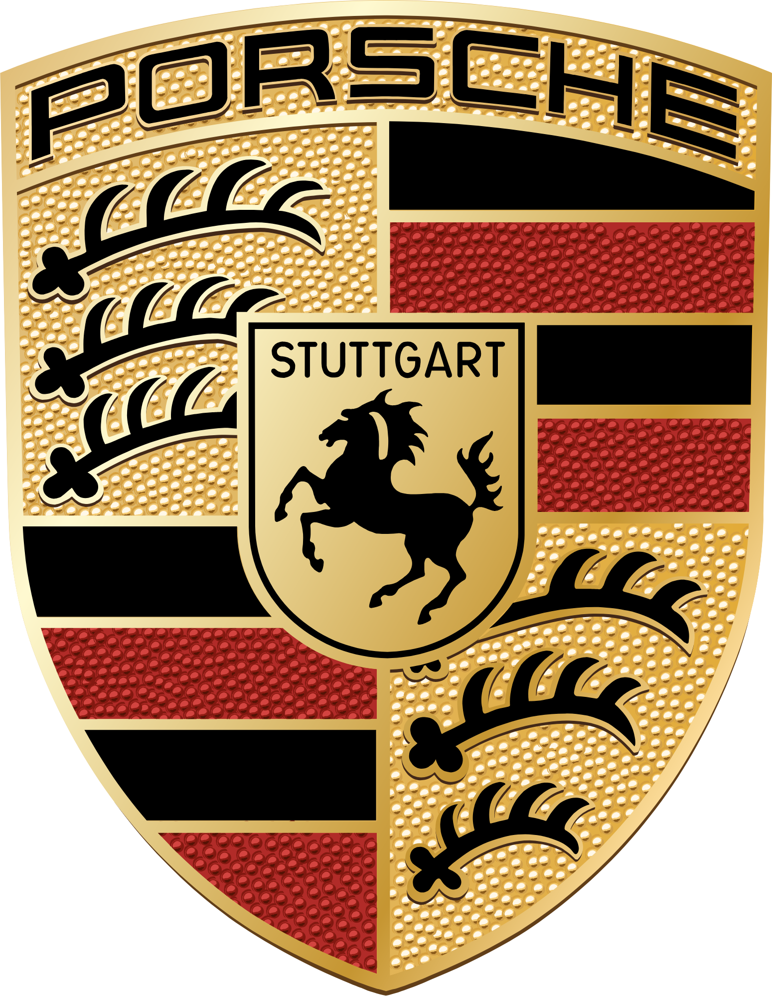 Close-up of the Porsche logo on a car hood, featuring a black horse in a yellow shield with the word 'STUTTGART' above it. The background includes black, red, and gold sections representing the German flag with textured patterns.