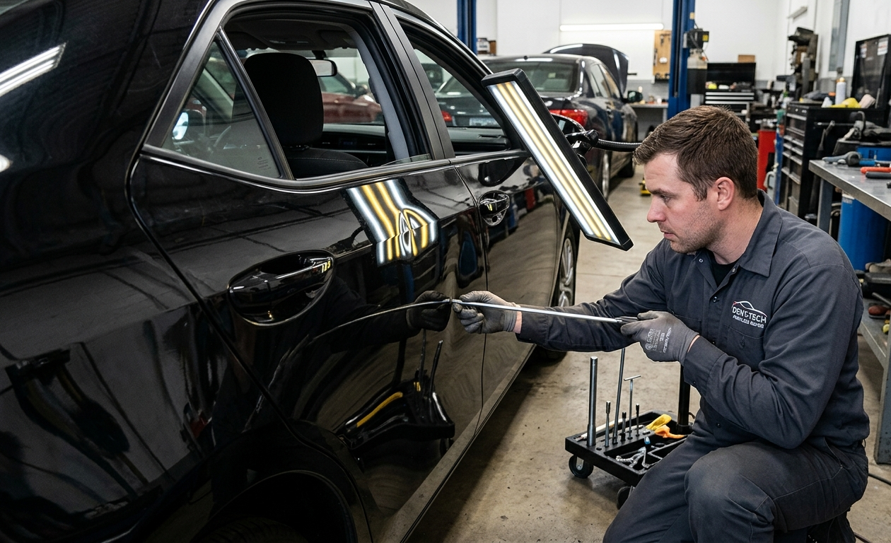 A mechanic working on a black car in an auto repair shop. The mechanic is holding a tool and working on the door. The shop has various tools, equipment, and other vehicles.
