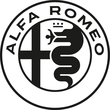 Black and white logo of Alfa Romeo featuring a cross and a snake, with the text 'ALFA ROMEO' around the circle.