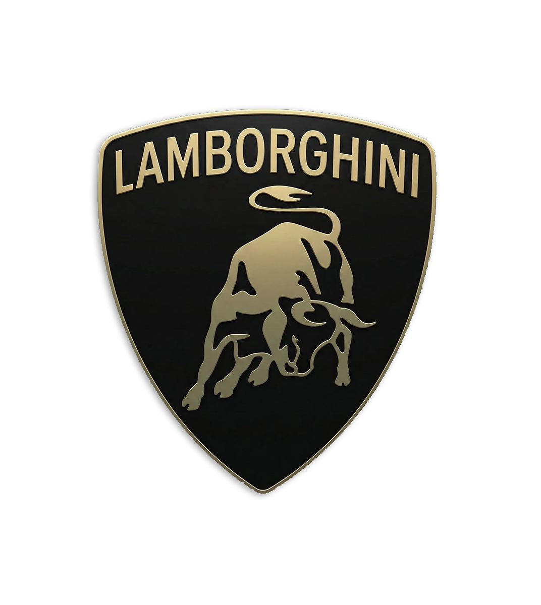Black shield-shaped Lamborghini badge with gold 'Lamborghini' text and a gold galloping bull in the center.