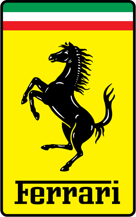 Ferrari logo with a black prancing horse on a yellow background, green, white, and red stripes at the top.