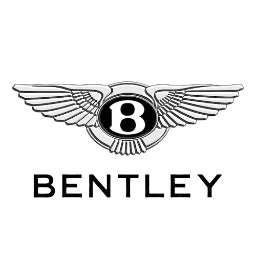 Bentley logo featuring a stylized letter 'B' with wings on a black background.