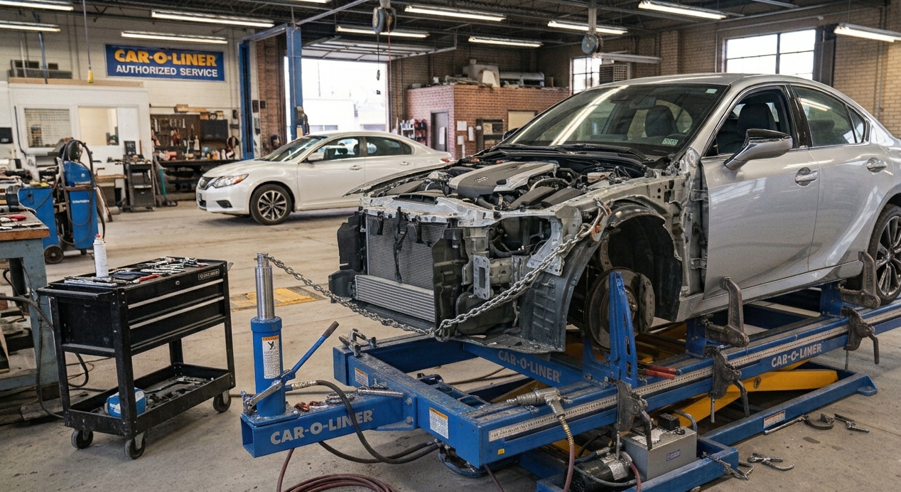 Inside an auto repair shop with a silver car on a frame straightening machine, partially disassembled front end, and two other cars parked in the background.