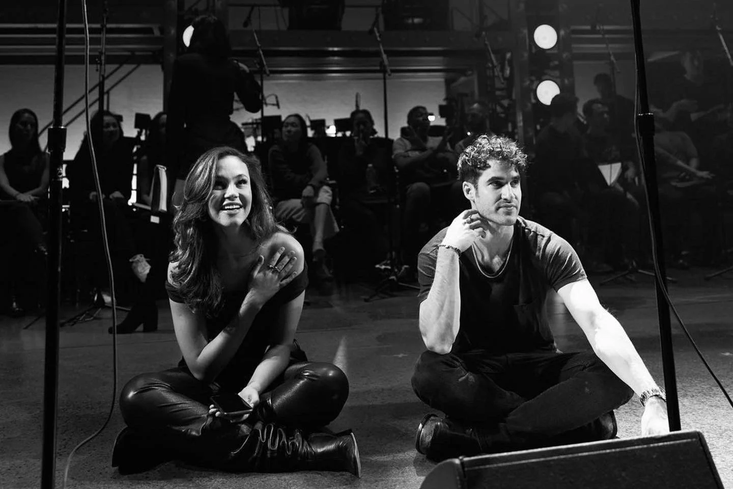 Solea Pfeiffer and Darren Criss rehearse for Chess, a concert benefit for the Entertainment Community Fund.