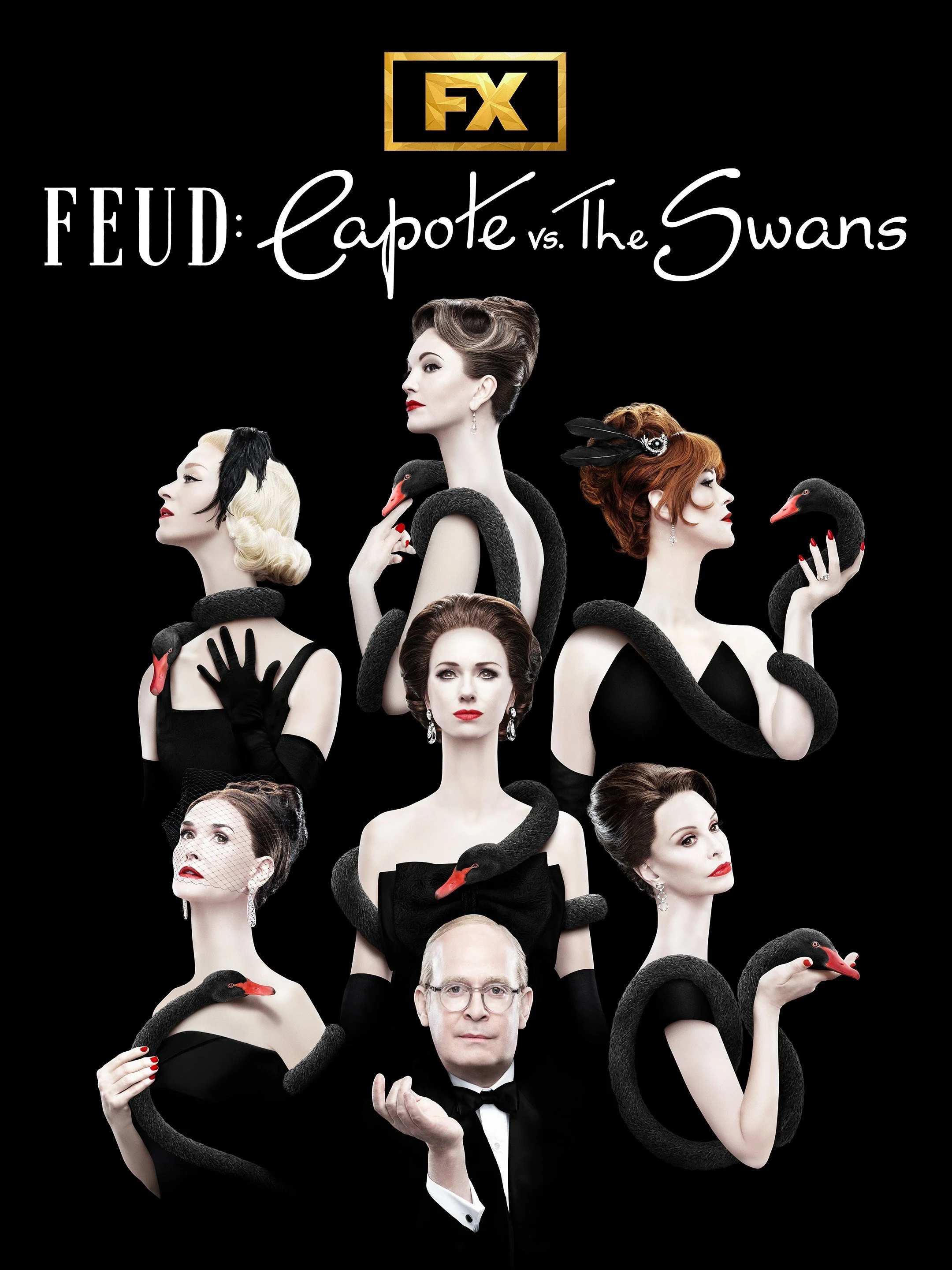 Promotional image of Feud: Capote vs. The Swans, image of actors Naomi Watts, Diane Lane, Chloë Sevigny, Calista Flockhart, Demi Moore, Molly Ringwald and Tom Hollander