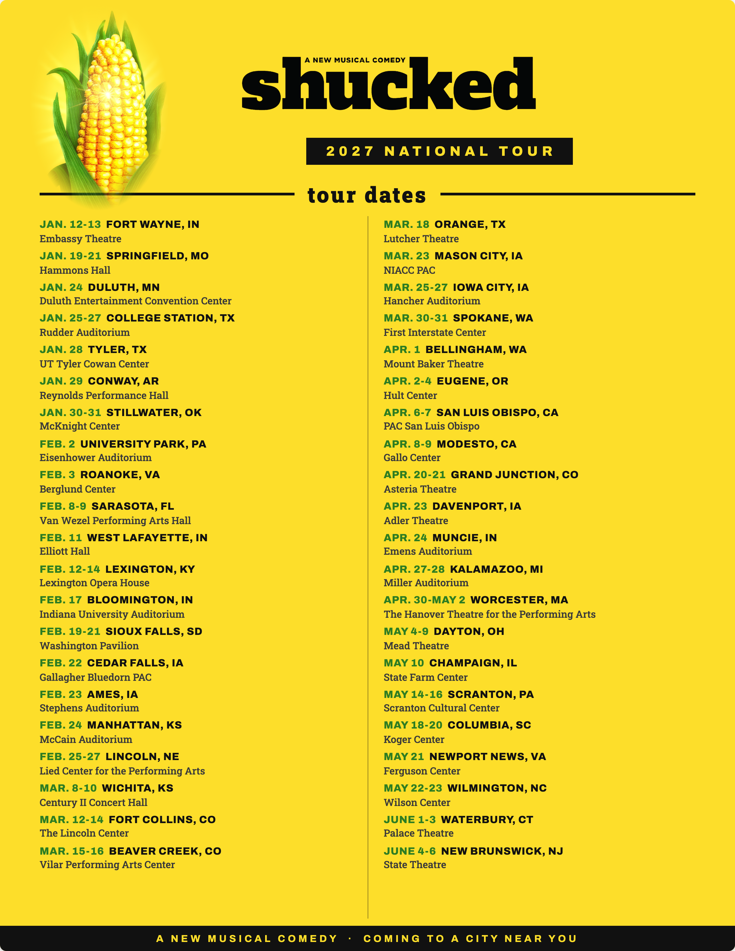 Tour dates for the 2027 musical comedy 'Shucked' listing various cities, venues, and dates from January to June.