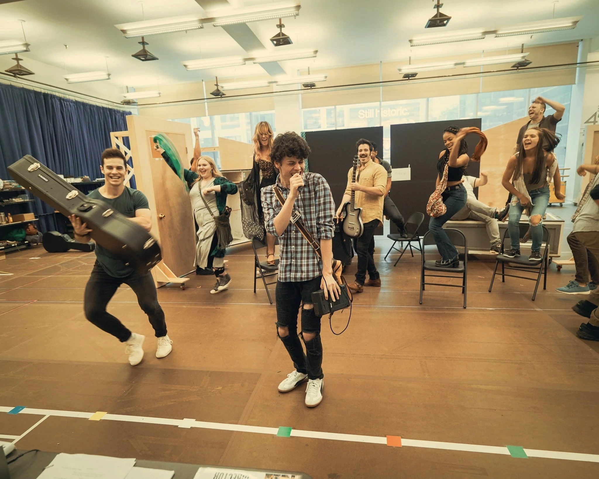 Rehearsal image from The Old Globe Theatre's production of Almost Famous, with Associate Choreography work by Michaeljon Slinger. 