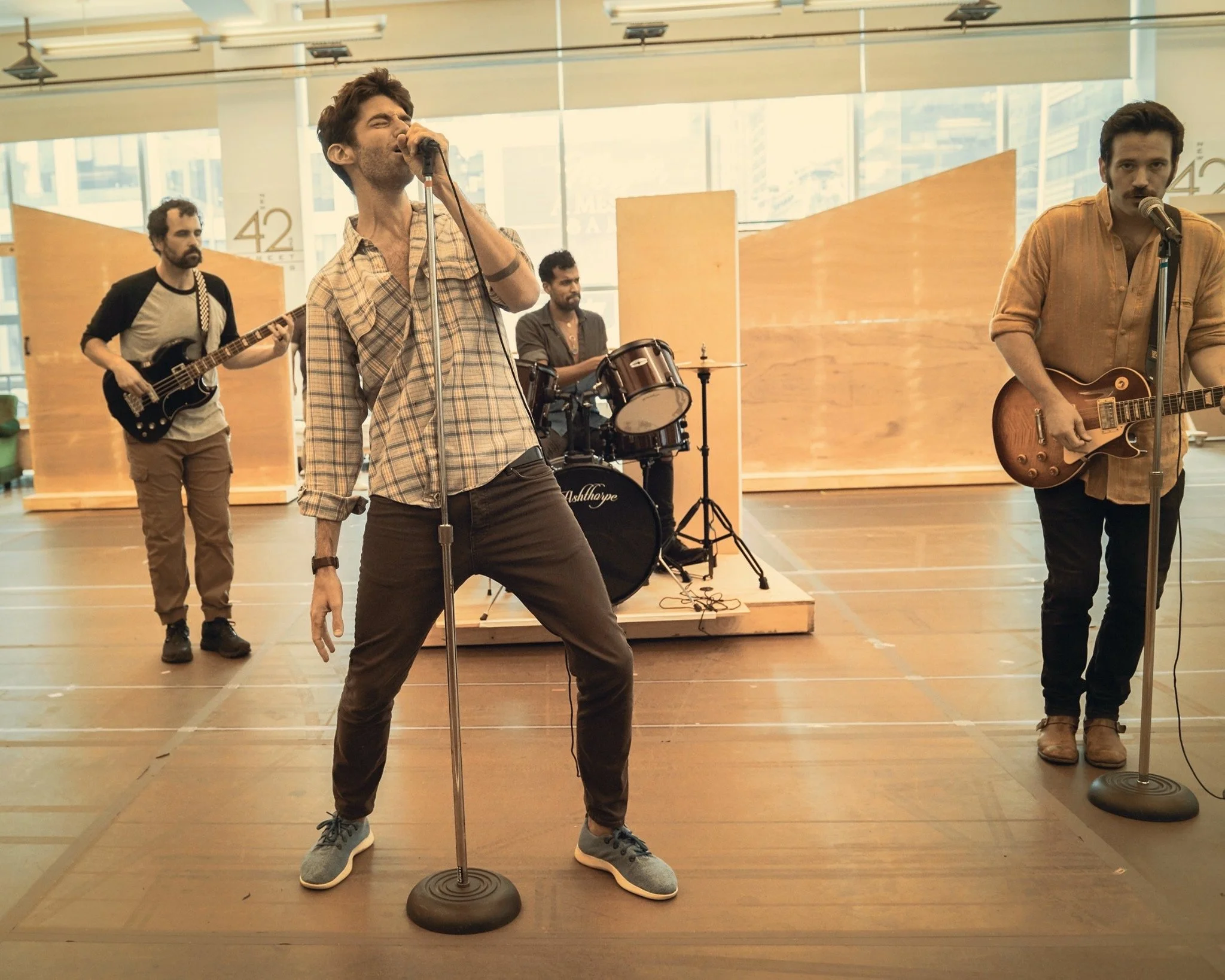Cast of The Old Globe Theatre's production of Almost Famous in rehearsals, with Associate Choreography work by Michaeljon Slinger.