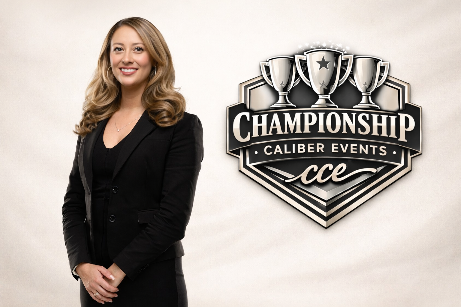A woman with long curly blonde hair wearing a black suit standing next to a logo for Championship Caliber Events.