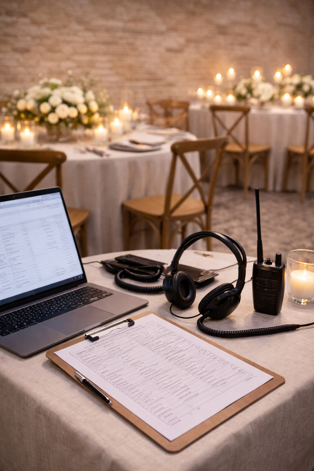 Photo of a table with laptop, headphones, clipboard and walkie talkie on it. Table is in conference room.