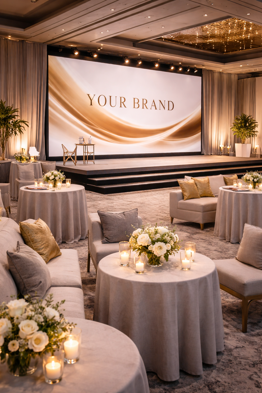 Mockup of a conference room with couches and tables that are beautifully decorated with flower arrangements and candles. Stage has large screen on it with copy 'YOUR BRAND' displayed on it.