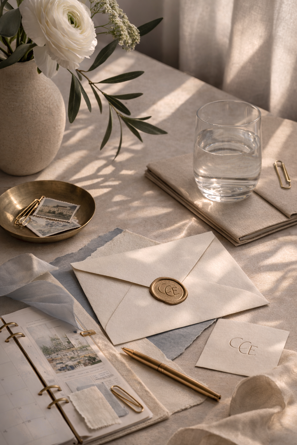 Image of blue and white stationary on a table alongside notebooks and glass a of water on table.