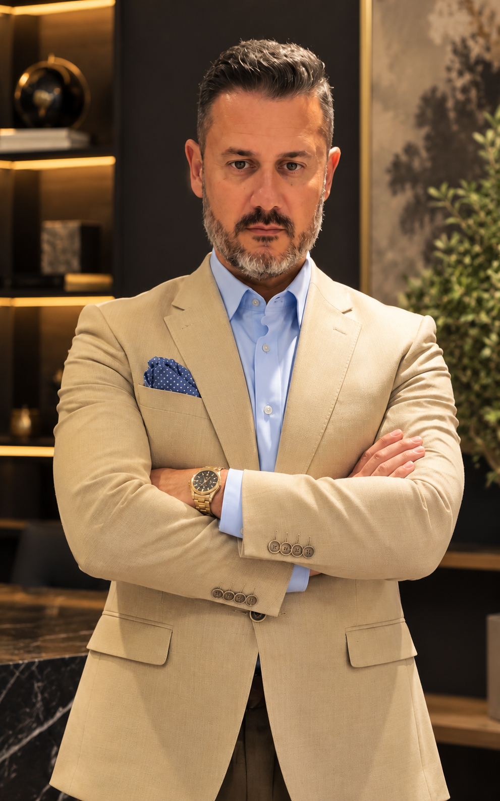 Portrait of Tomás O. Fraticelli, author of Listen Silent, wearing a beige suit with his arms crossed.