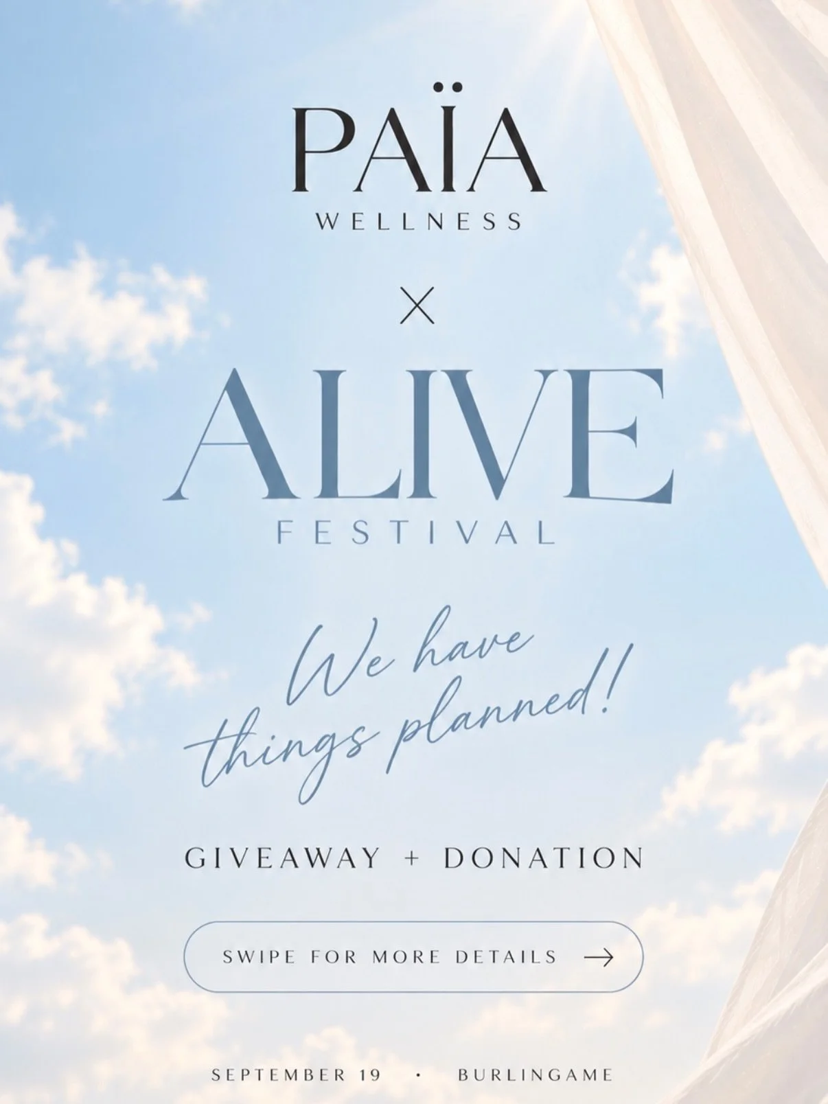 Something special is coming&hellip; ✨

Pa&iuml;a Wellness &times; ALIVE Festival 🤍
We have a few things planned &mdash; including a giveaway + giving back.

Swipe to see what we&rsquo;re doing &rarr;

📍 Burlingame | September 19

#PaiaWellness #Ali