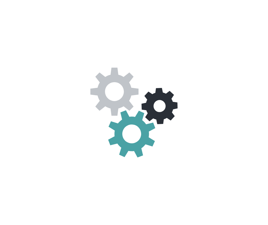 Illustration of three interconnected gears in gray, black, and teal, representing mechanical or technical concepts.