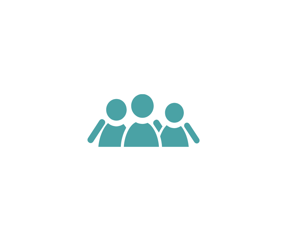 Icon of three teal-colored people standing together, representing a group or community.