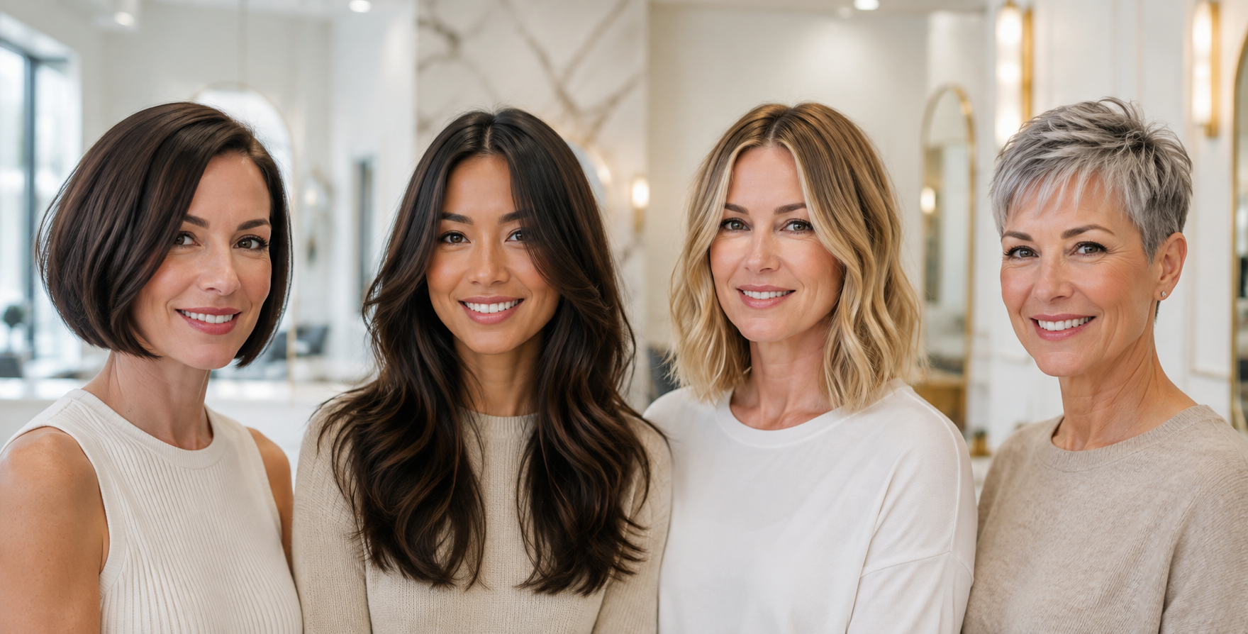 Women displaying a variety of haircut styles at a Calgary hair salon