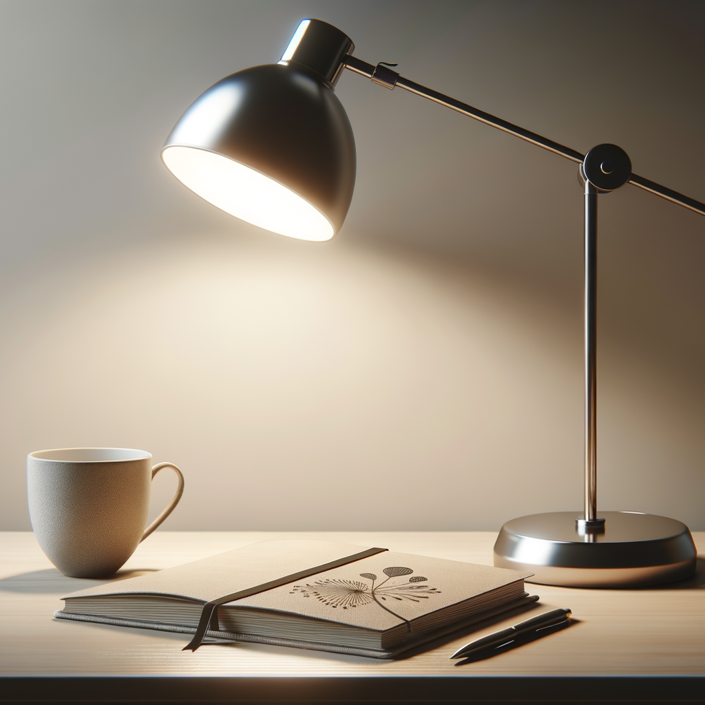 A desk lamp illuminating a closed notebook with a botanical illustration, a pen, a coffee mug, and a wall behind with soft lighting.