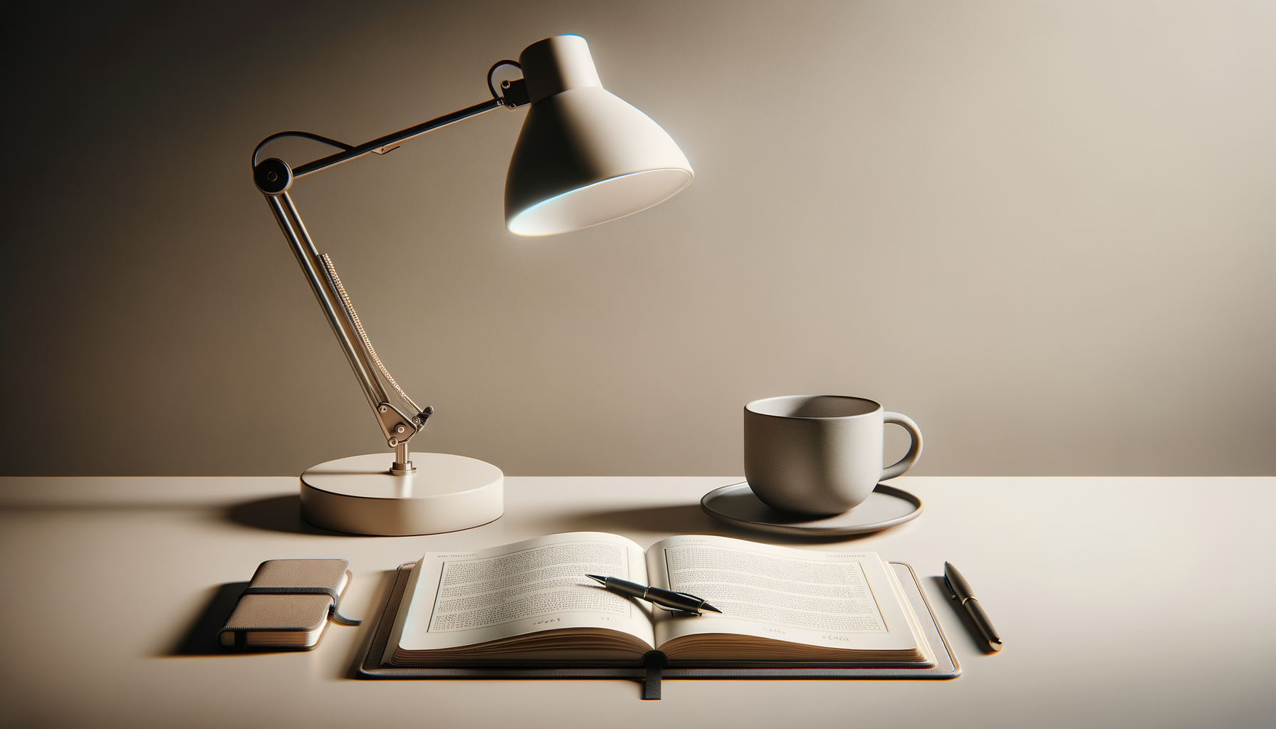 A desk setup with a white desk lamp turned on, a white ceramic coffee mug on a saucer, an open notebook with a fountain pen on it, a closed notebook with a bookmark, and a black pen.