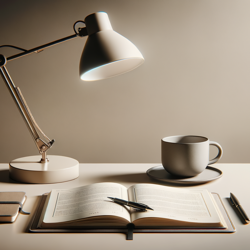 Desk with a white table lamp, an open book with a pen on it, a ceramic mug on a saucer, a closed notebook with a pen on it, all arranged on a neutral background.