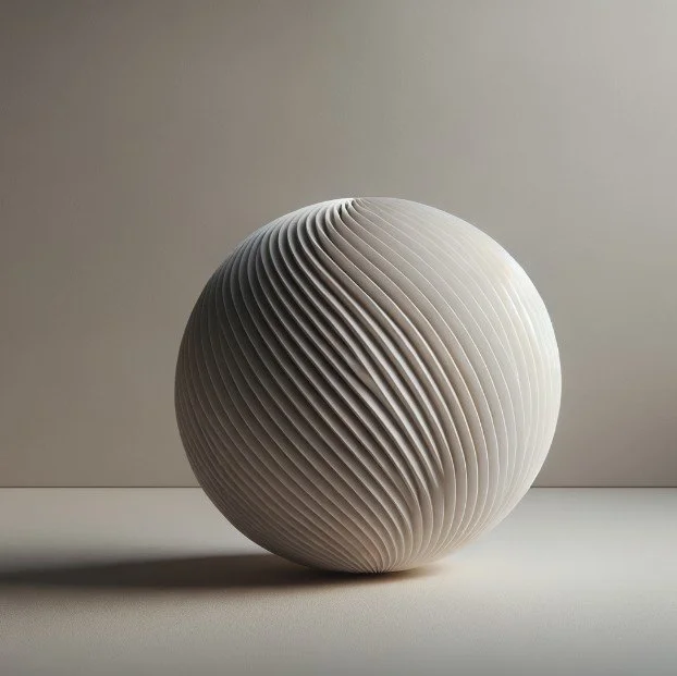 A white sphere with spiral grooves on its surface, set against a plain background.