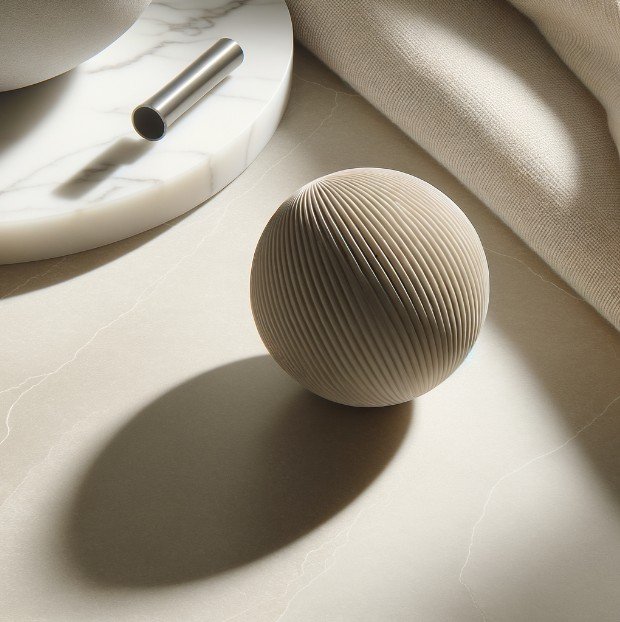 A round, ribbed beige ball sitting on a light-colored surface, with shadows cast nearby. In the background, there is a white marble tray with a small metallic object and part of a beige fabric or blanket.
