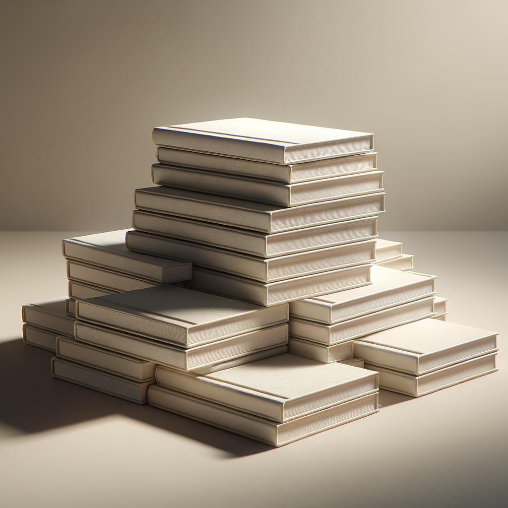 Stack of white hardcover books on a plain surface with soft lighting.