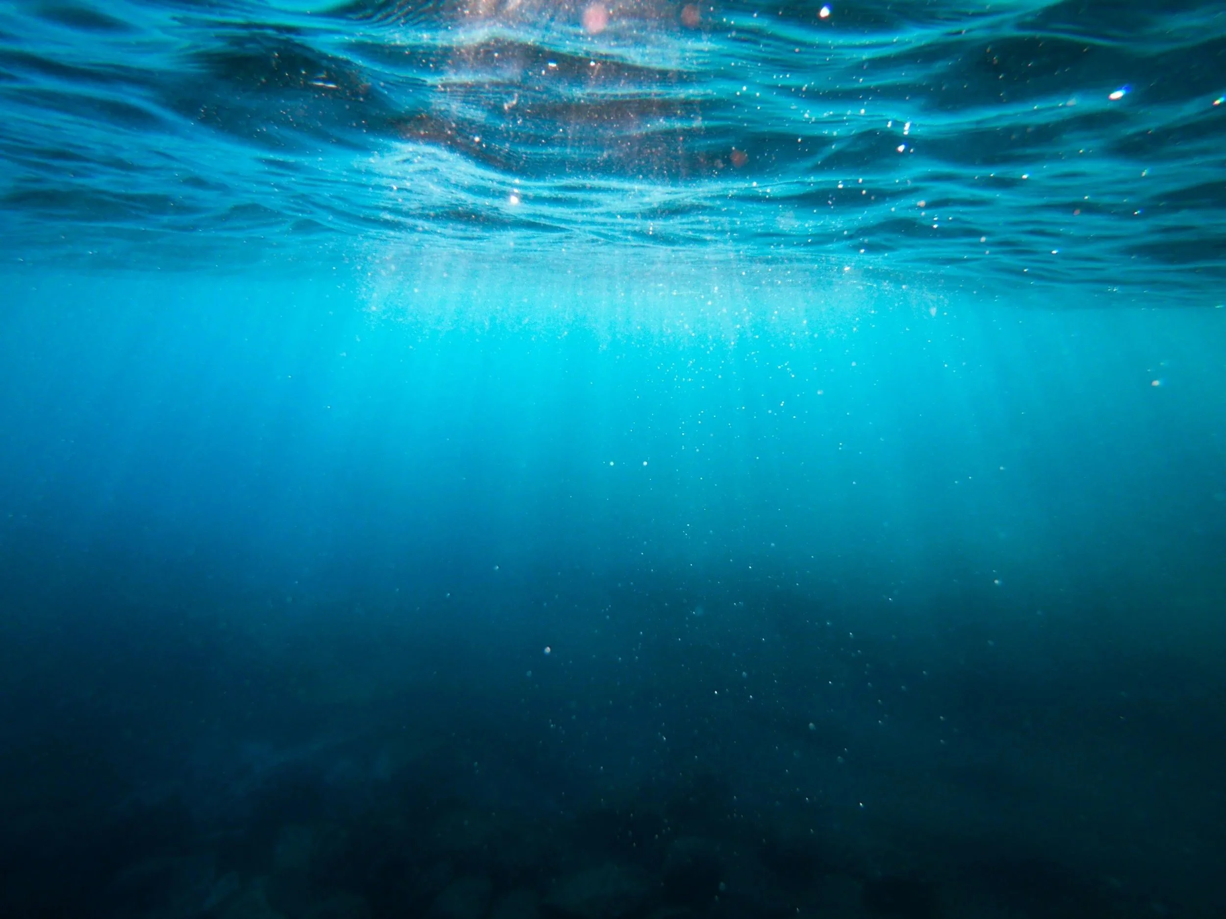 Underwater view of the ocean with sunlight filtering through the water's surface, revealing rocks below.