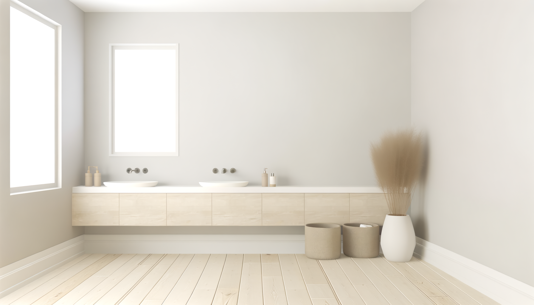 Banheiro com paredes brancas, janelas grandes e uma cuba dupla em um espelhado móvel de cor clara. Decoração minimalista com vaso de plantas e itens de higiene.