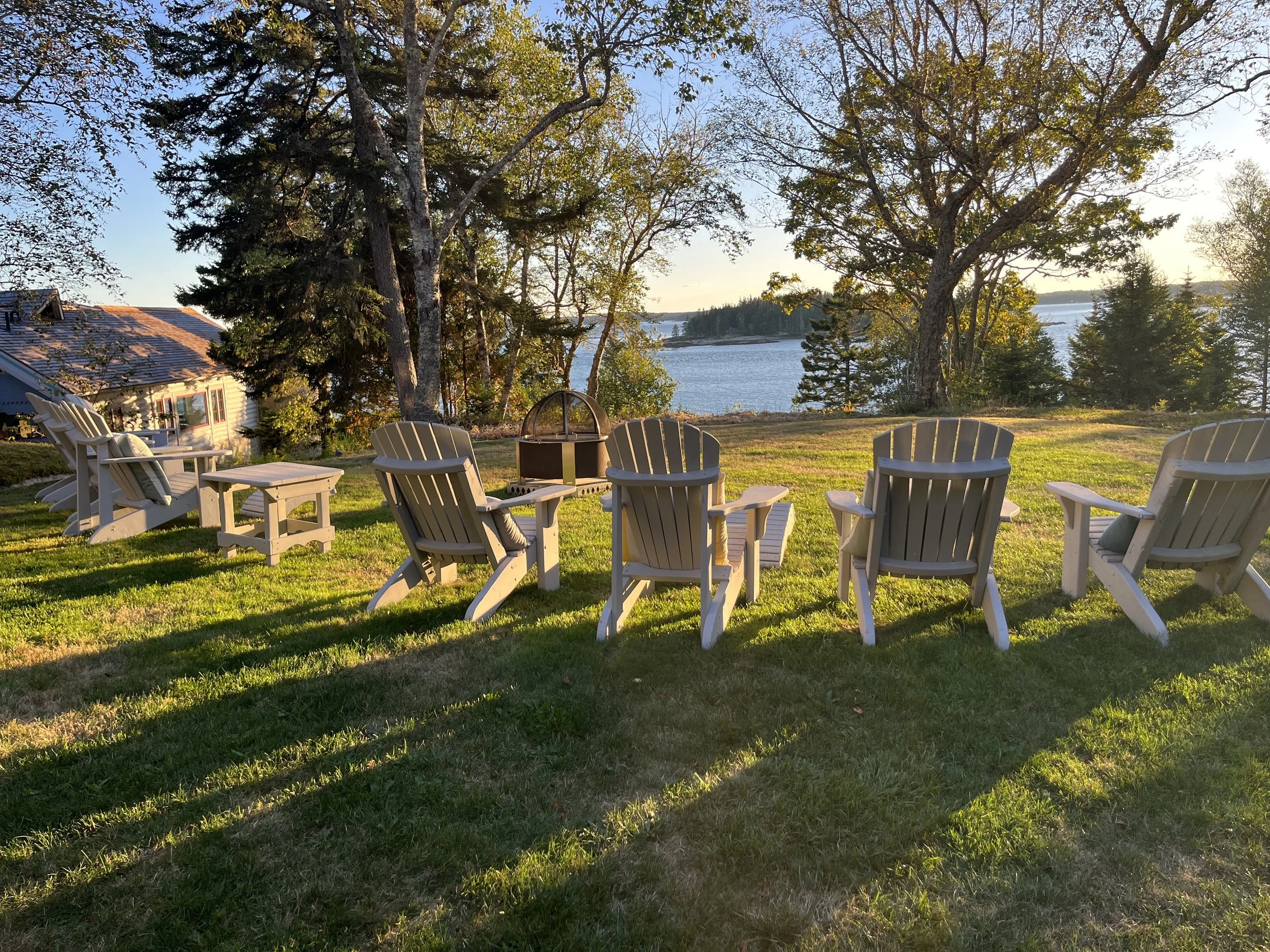 A backyard with outdoor chairs arranged around a fire pit, overlooking a body of water with trees and a distant shoreline during the daytime.