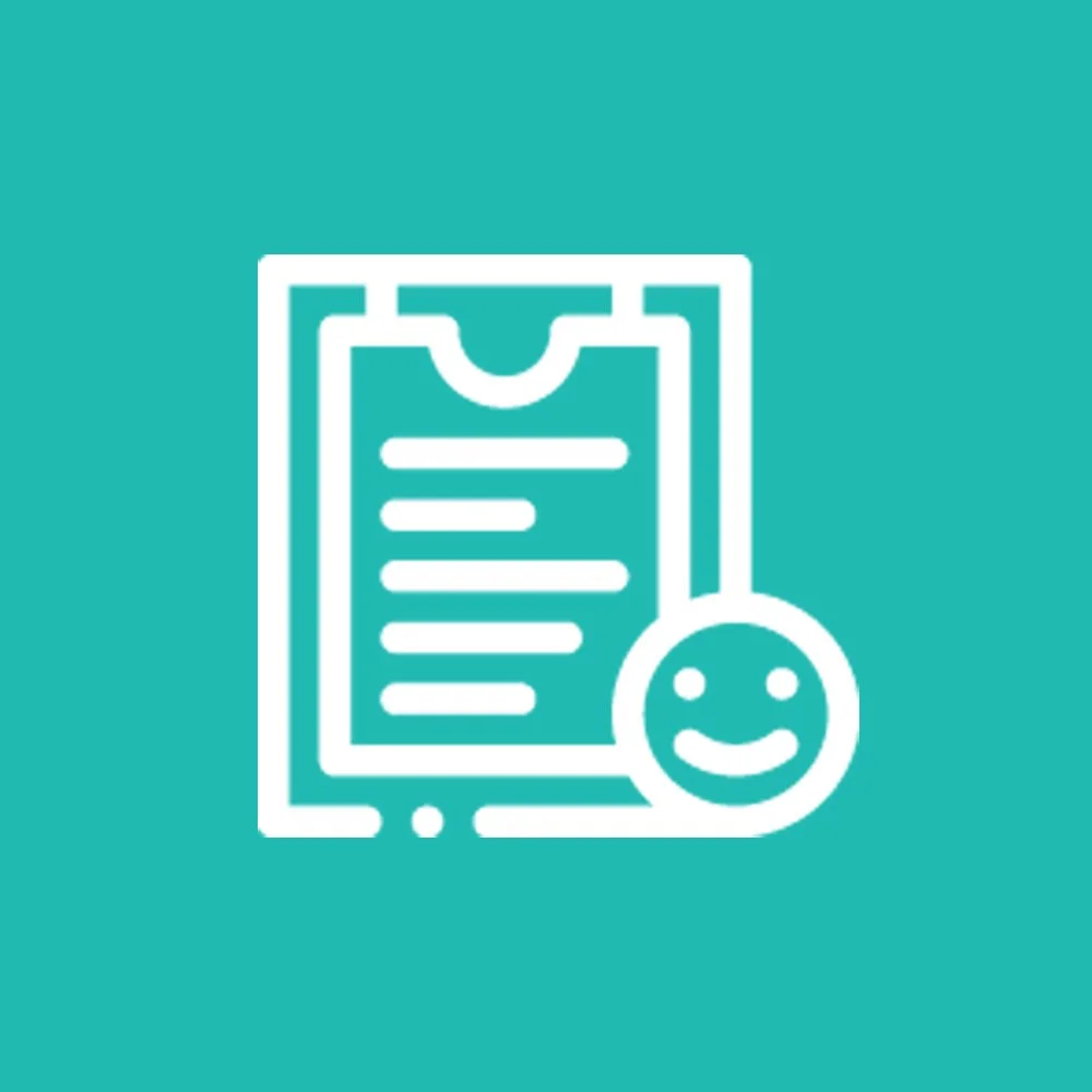 Icon of a clipboard with a smiley face at the bottom right corner.