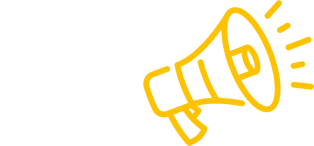 Yellow outline of a megaphone with sound lines indicating loud sound