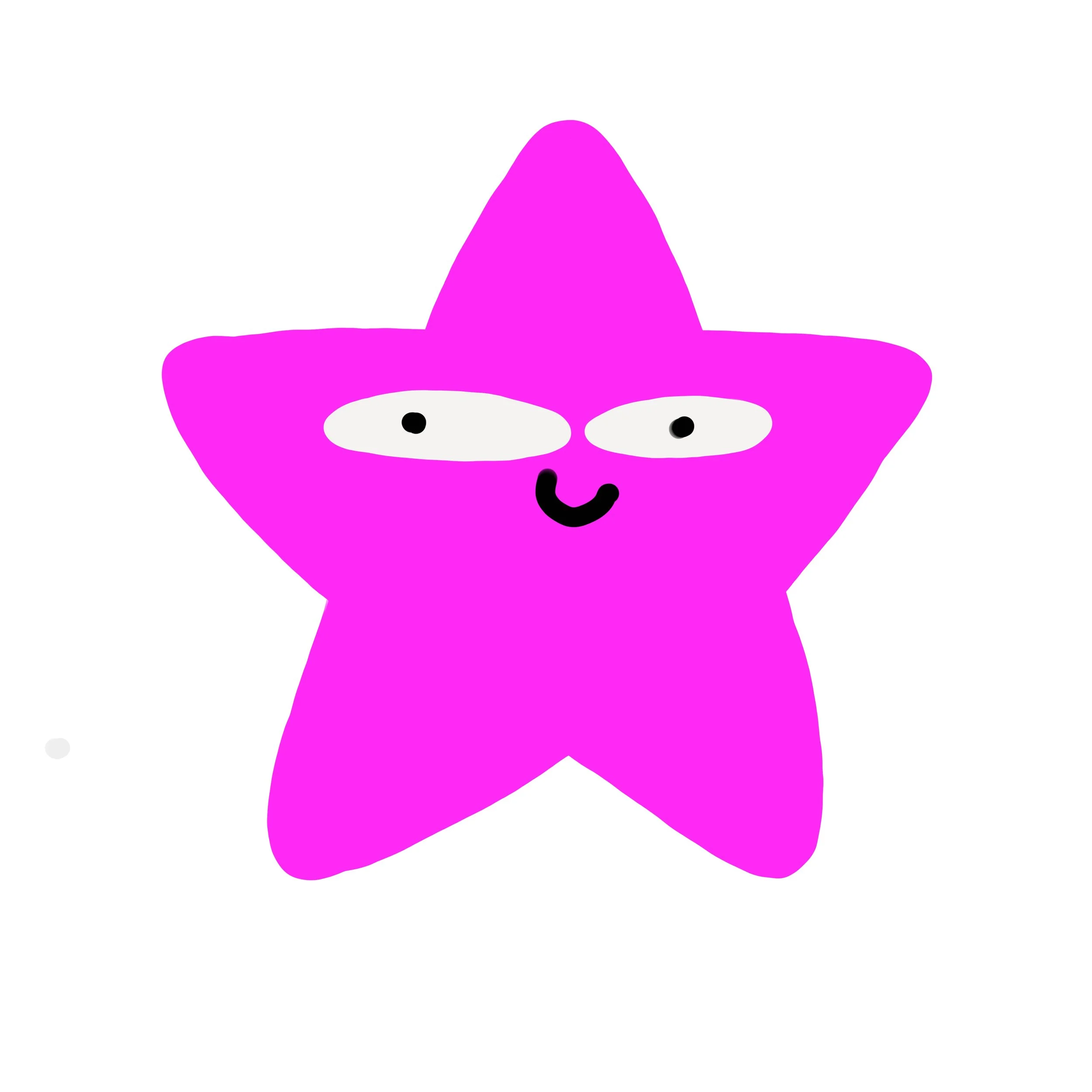 Pink cartoon star with a smiling face, oval eyes, and a small smile on a white background.