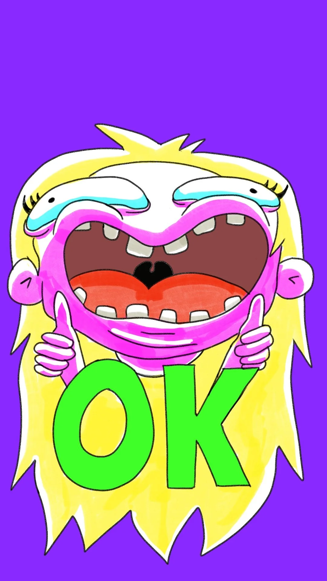 A colorful cartoon illustration of a smiling woman with yellow hair, with " OK" in green letters, with a purple background.