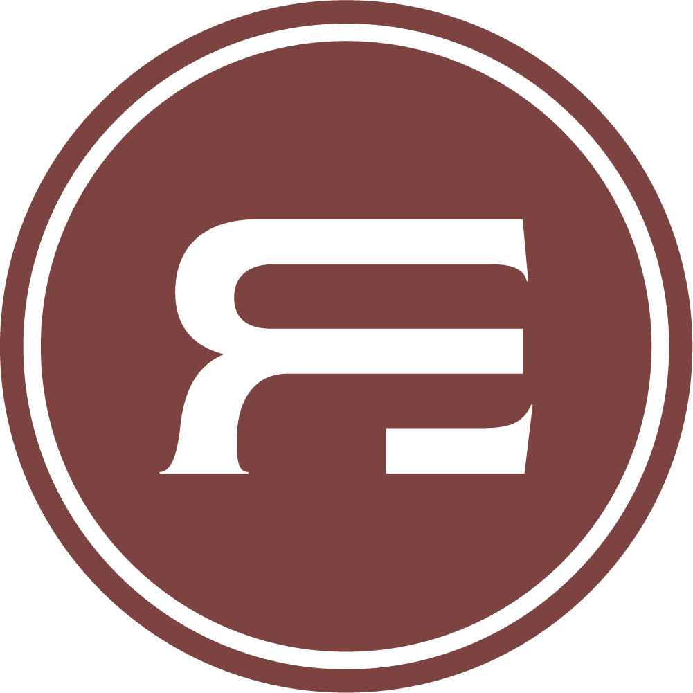 Brown circular logo with a black uppercase letter 'E' in the center.