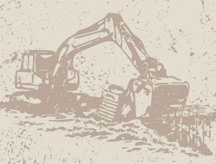 Silhouette of an excavator working on rough terrain.