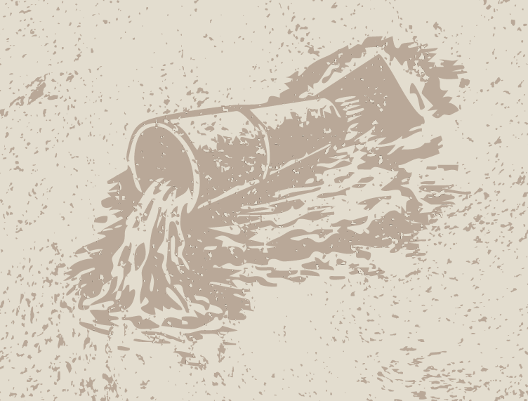 A sepia-toned illustration of a spilled bucket pouring out its contents onto the ground.