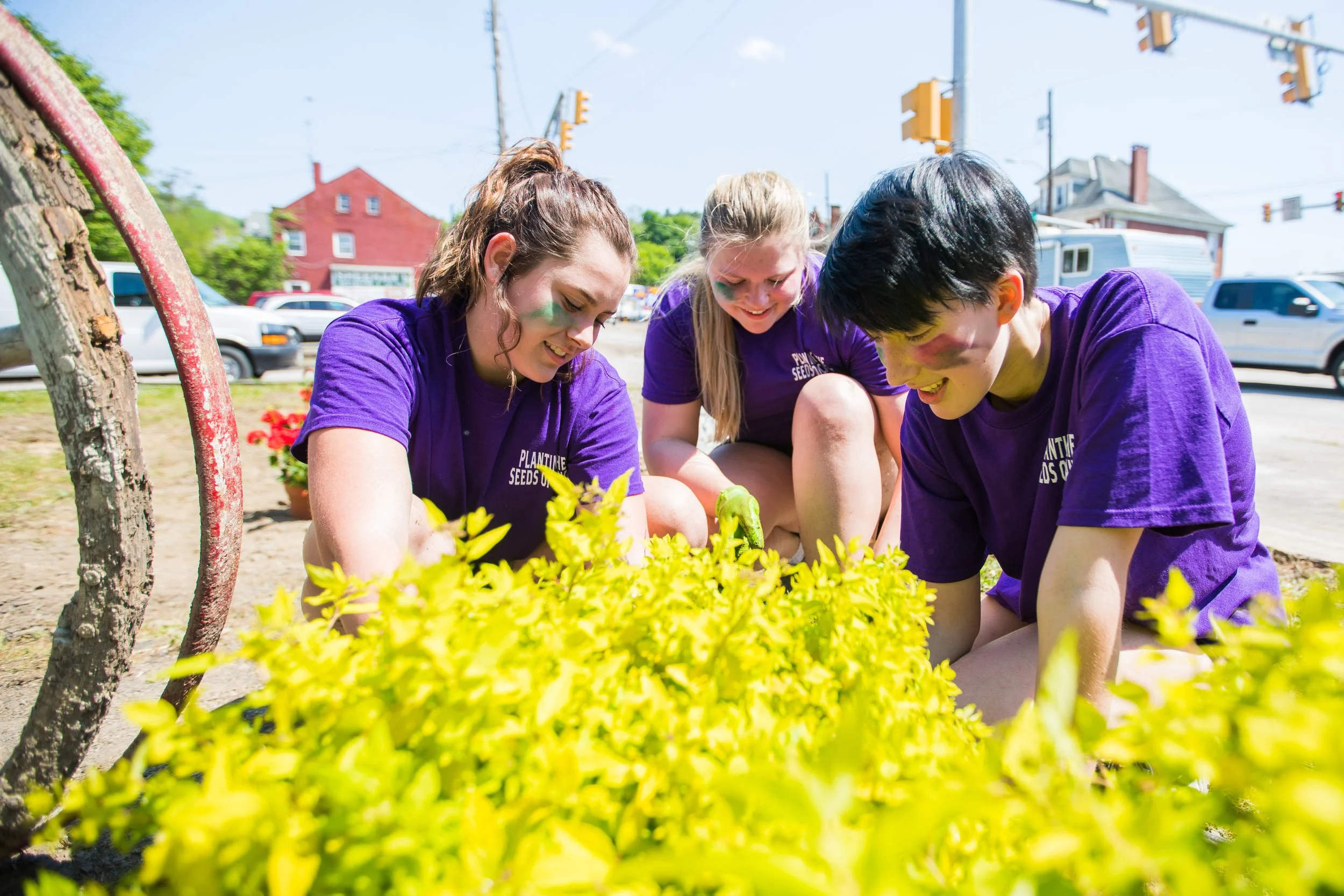 Three young people planting flowers outdoors on a sunny day, all wearing purple t-shirts, with a tree, parked cars, and houses in the background.