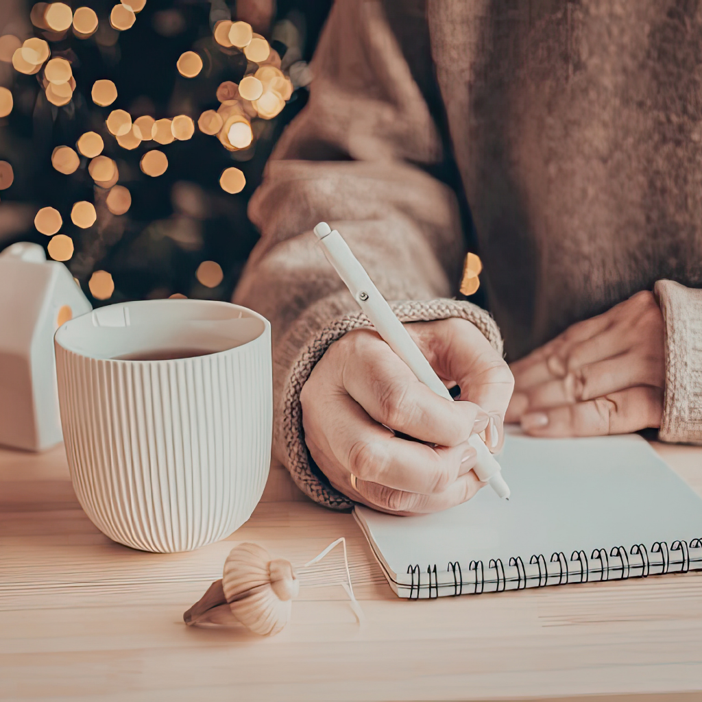 Person writing in a notebook with a pen, a cup of coffee, working through her mental health with her therapist during the high stress time of the holiday. Online therapy that travels with you in over 40 + states.