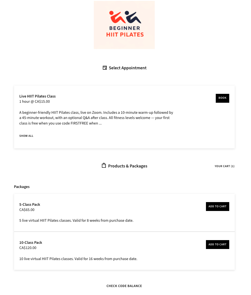 Selecting an appointment for Beginner HIIT Pilates class.