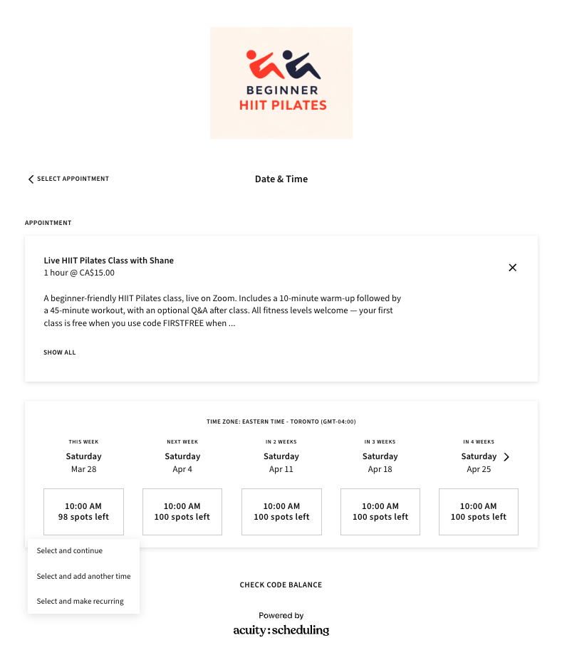 Selecting an individual class for Beginner HIIT Pilates.