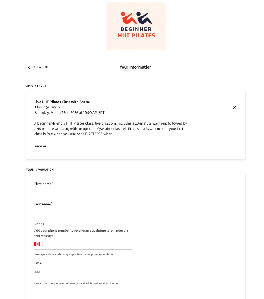 Entering your name and email to book a beginner HIIT Pilates class