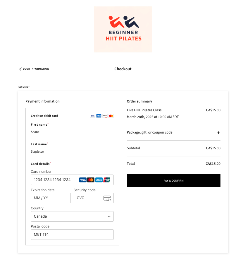 Checkout page showing payment and FIRSTFREE coupon code for a free beginner HIIT Pilates class