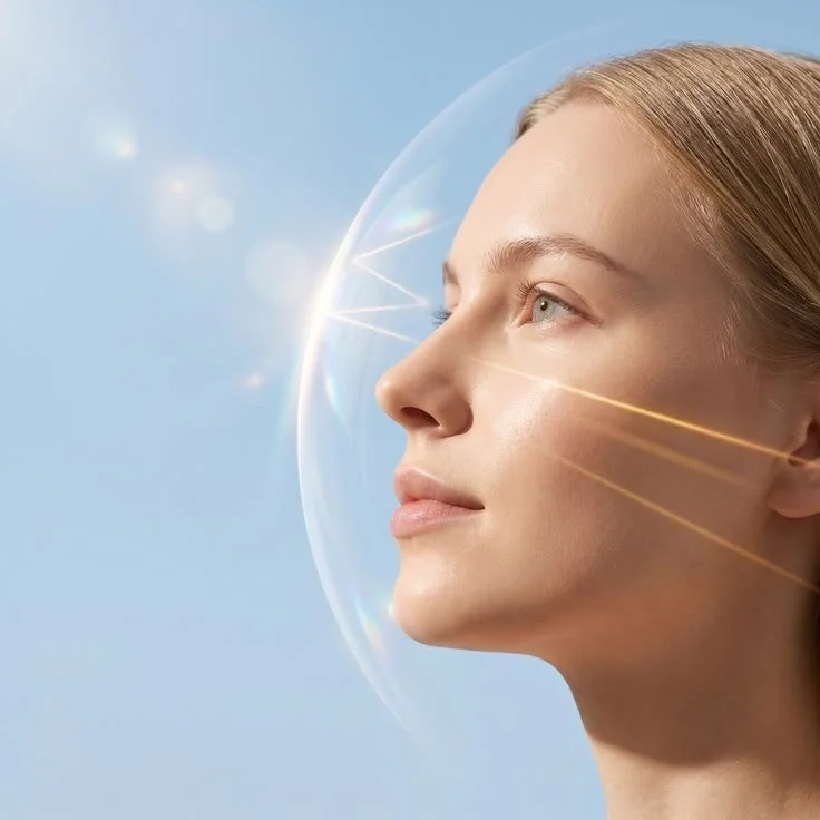 A woman with fair skin and blonde hair looking to the right, with a large bubble in front of her face reflecting sunlight against a light blue sky background.